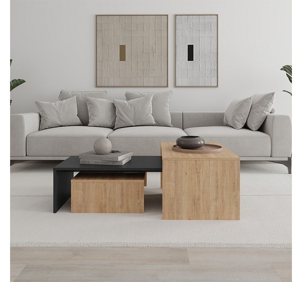 Τραπεζάκι σαλονιού σετ 3 τμχ. Kanta Megapap χρώμα sapphire oak - silky black 80x50x40,5εκ.