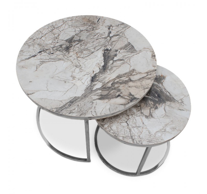 Τραπεζάκια σαλονιού Gary Megapap Mdf - μεταλλικό χρώμα μπεζ εφέ μαρμάρου - χρωμίου 65x65x44εκ.