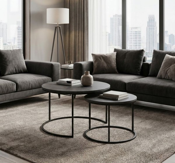 Τραπεζάκι σαλονιού σετ 2 τμχ Gary Megapap Mdf - μεταλλικό χρώμα σκούρο γκρι σκυροδέματος 65x65x44εκ.