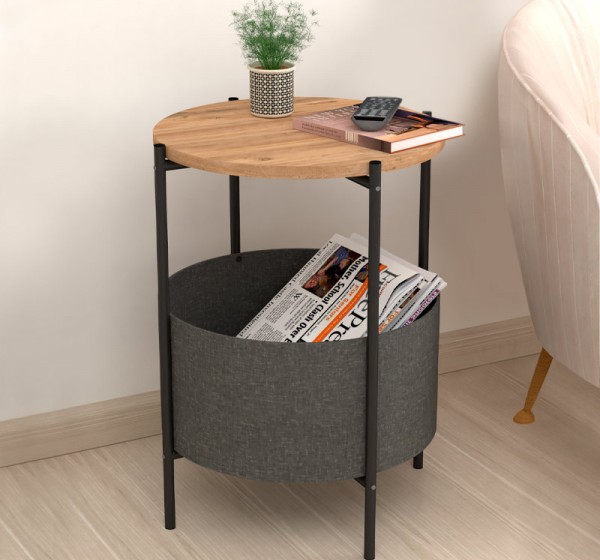 Τραπεζάκι βοηθητικό Kalid Megapap μελαμίνης - υφασμάτινο χρώμα pine oak - γκρι 43x43x60εκ.