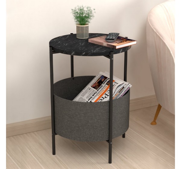 Τραπεζάκι βοηθητικό Kalid Megapap μελαμίνης - υφασμάτινο χρώμα μαύρο εφέ μαρμάρου - γκρι 43x43x60εκ.