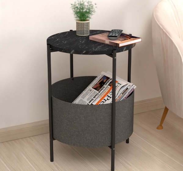 Τραπεζάκι βοηθητικό Kalid Megapap μελαμίνης - υφασμάτινο χρώμα μαύρο εφέ μαρμάρου - γκρι 43x43x60εκ.