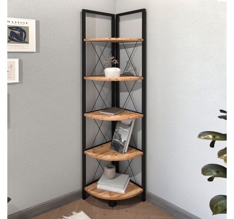Βιβλιοθήκη γωνιακή Kelsie Megapap χρώμα μαύρο - pine oak 33x33x162εκ.