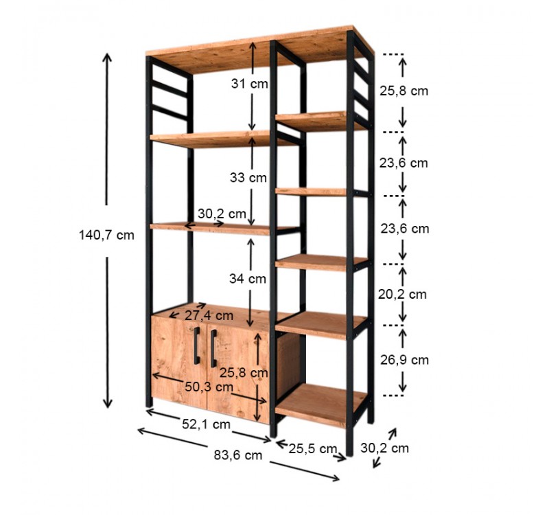 Έπιπλο κουζίνας Benito Megapap μεταλλικό - μελαμίνης χρώμα μαύρο - pine oak 83,6x30,2x140,7εκ.
