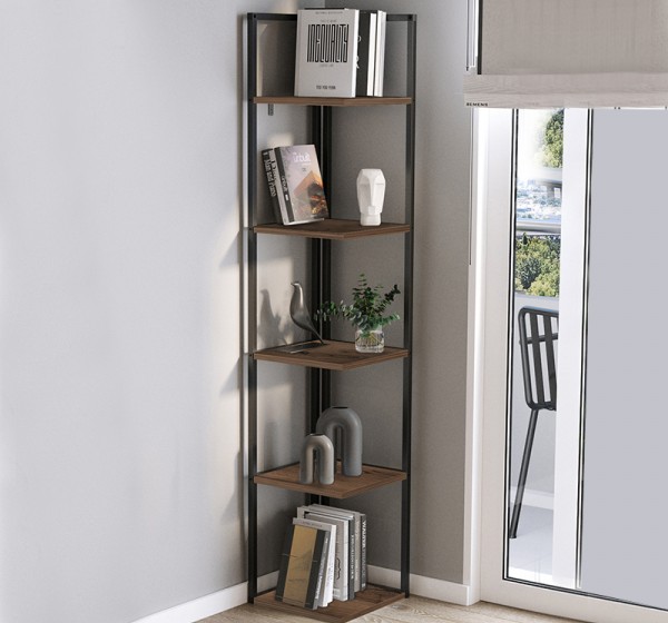 Βιβλιοθήκη γωνιακή Lidia Megapap χρώμα μαύρο - καπνιστή καρυδιά 33,5x33,5x180εκ.