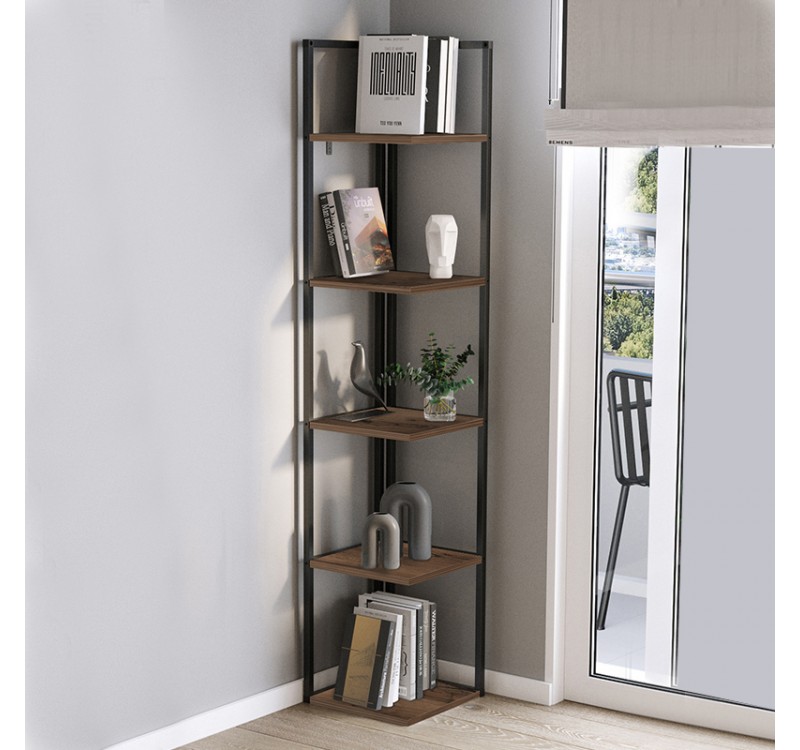 Βιβλιοθήκη γωνιακή Lidia Megapap χρώμα μαύρο - καπνιστή καρυδιά 33,5x33,5x180εκ.