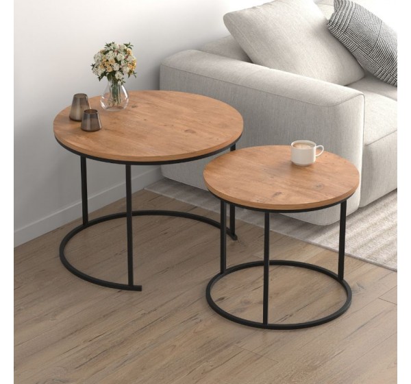 Τραπεζάκι σαλονιού σετ 2 τμχ Hilal Megapap χρώμα pine oak Ø66x49,5εκ.