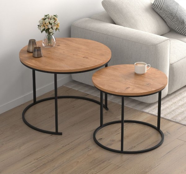 Τραπεζάκι σαλονιού σετ 2 τμχ Hilal Megapap χρώμα pine oak Ø66x49,5εκ.