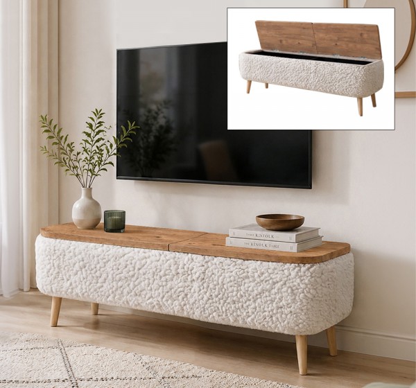Έπιπλο τηλεόρασης Luno Megapap ύφασμα teddy χρώμα λευκό - pine oak 120x30x45εκ.
