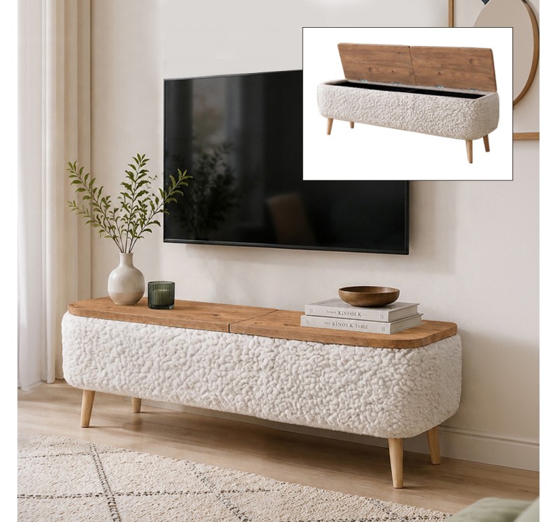 Έπιπλο τηλεόρασης Luno Megapap ύφασμα teddy χρώμα λευκό - pine oak 120x30x45εκ.