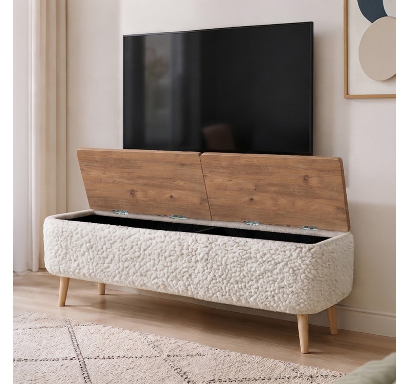 Έπιπλο τηλεόρασης Luno Megapap ύφασμα teddy χρώμα λευκό - pine oak 120x30x45εκ.