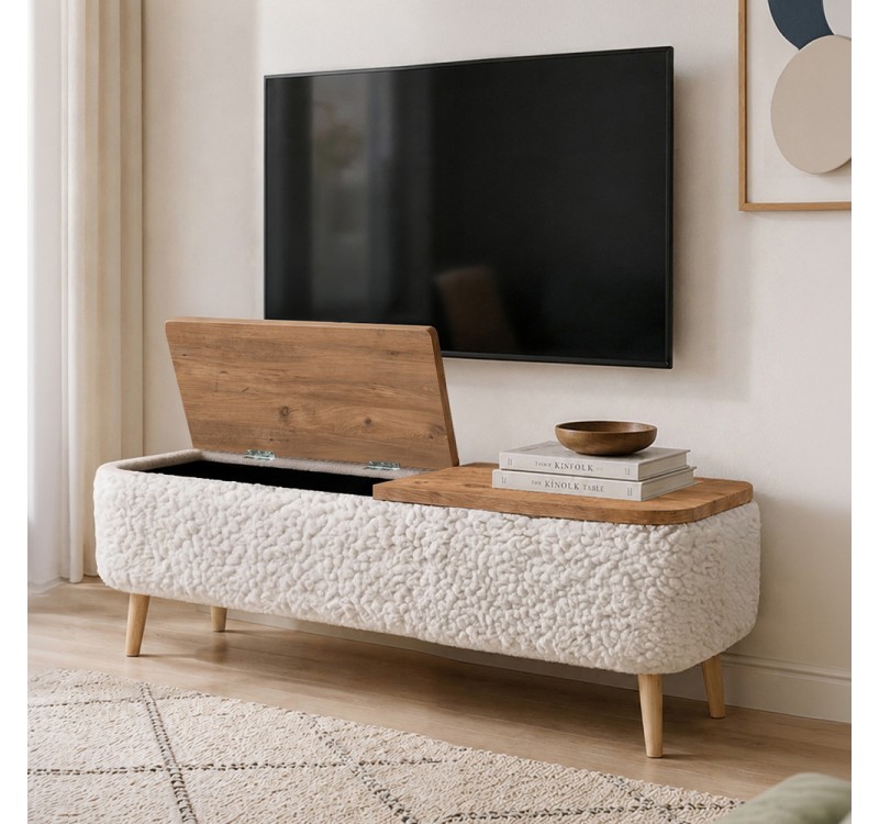 Έπιπλο τηλεόρασης Luno Megapap ύφασμα teddy χρώμα λευκό - pine oak 120x30x45εκ.