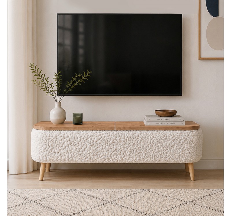 Έπιπλο τηλεόρασης Luno Megapap ύφασμα teddy χρώμα λευκό - pine oak 120x30x45εκ.