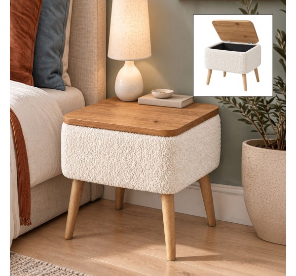 Κομοδίνο Nivo Megapap ύφασμα teddy χρώμα λευκό - pine oak 45x35x45εκ.
