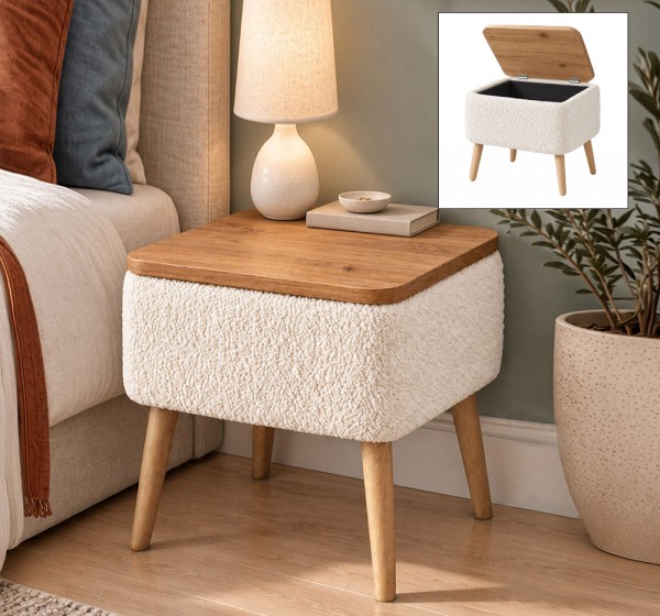 Κομοδίνο Nivo Megapap ύφασμα teddy χρώμα λευκό - pine oak 45x35x45εκ.