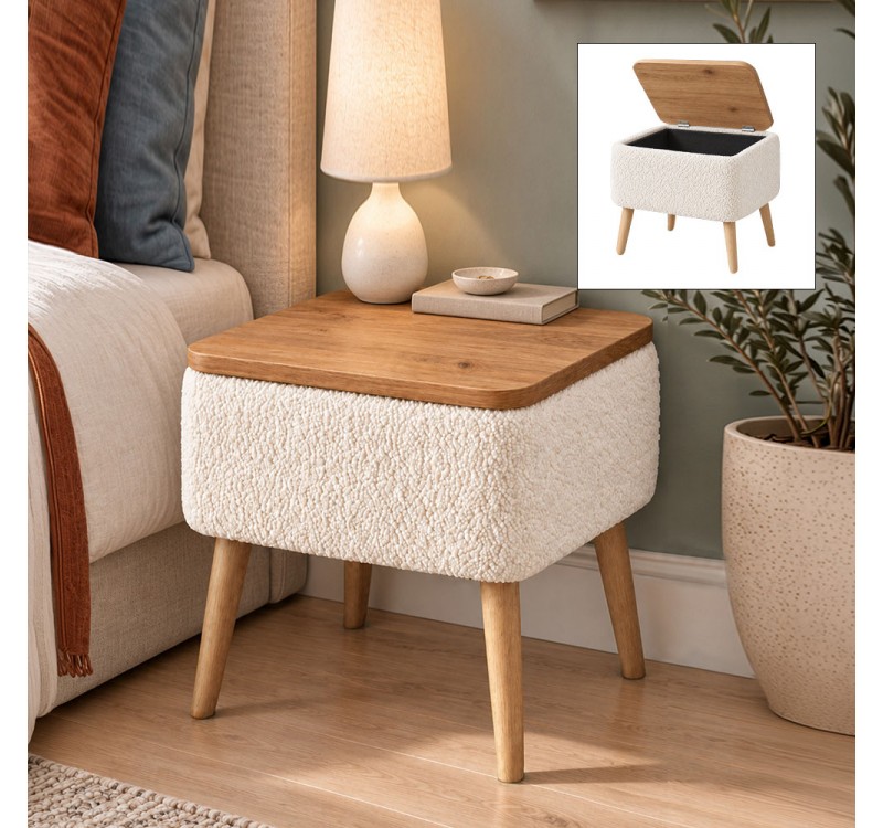 Κομοδίνο Nivo Megapap ύφασμα teddy χρώμα λευκό - pine oak 45x35x45εκ.