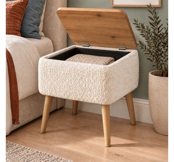 Κομοδίνο Nivo Megapap ύφασμα teddy χρώμα λευκό - pine oak 45x35x45εκ.
