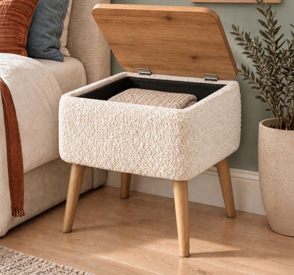 Κομοδίνο Nivo Megapap ύφασμα teddy χρώμα λευκό - pine oak 45x35x45εκ.