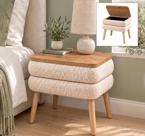 Κομοδίνο Nivo Megapap ύφασμα teddy χρώμα λευκό - pine oak 50x45x45εκ.