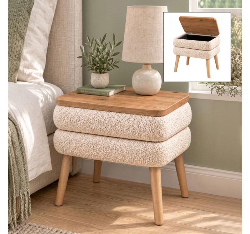 Κομοδίνο Nivo Megapap ύφασμα teddy χρώμα λευκό - pine oak 50x45x45εκ.