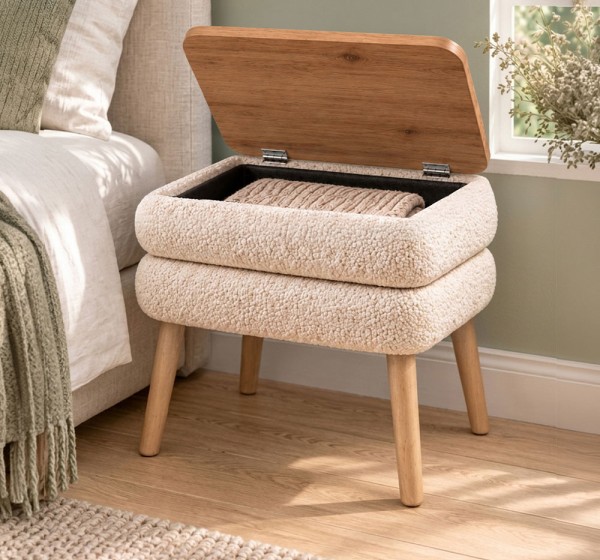 Κομοδίνο Nivo Megapap ύφασμα teddy χρώμα λευκό - pine oak 50x45x45εκ.