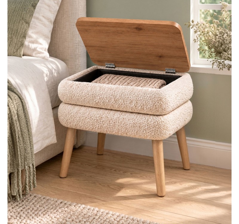Κομοδίνο Nivo Megapap ύφασμα teddy χρώμα λευκό - pine oak 50x45x45εκ.