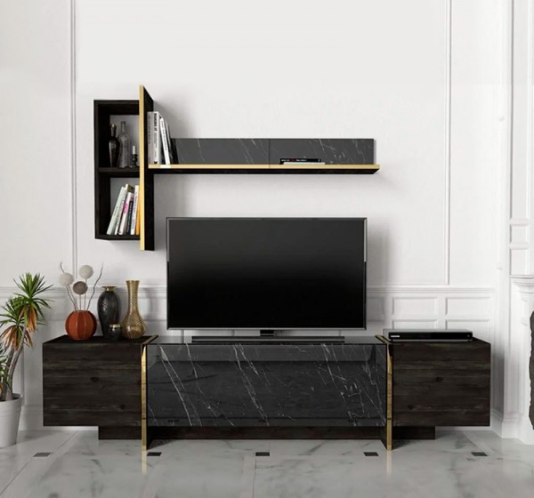 Σύνθεση τηλεόρασης Veyron Megapap χρώμα μαύρο rebab - μαύρο εφέ μαρμάρου 180x33x45εκ.