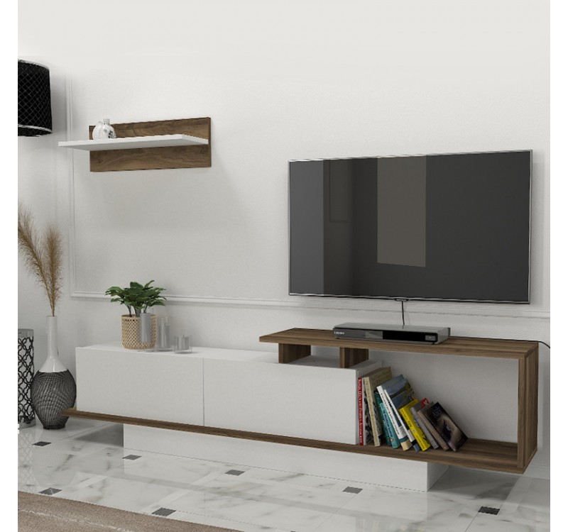 Έπιπλο τηλεόρασης Novara Megapap χρώμα λευκό - καρυδί 180x29,6x45εκ.