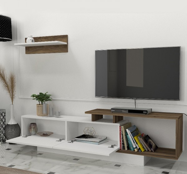 Έπιπλο τηλεόρασης Novara Megapap χρώμα λευκό - καρυδί 180x29,6x45εκ.
