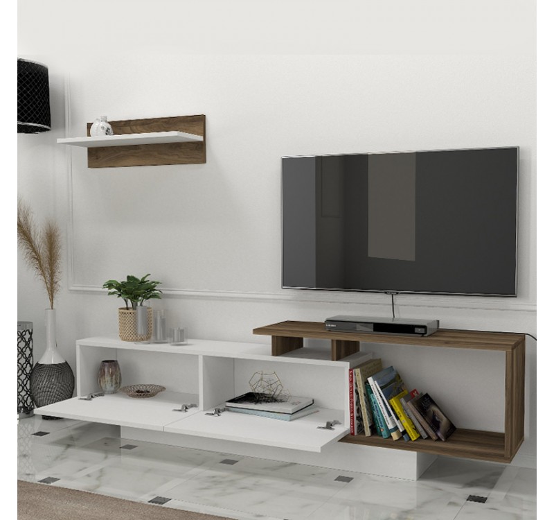 Έπιπλο τηλεόρασης Novara Megapap χρώμα λευκό - καρυδί 180x29,6x45εκ.