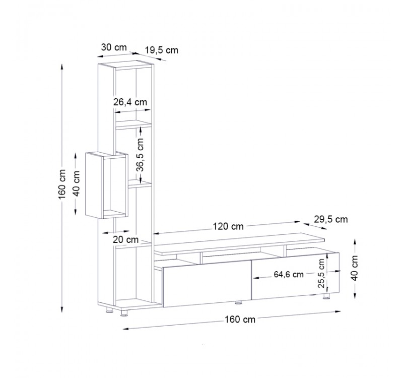 Σύνθεση τηλεόρασης Tulip Megapap χρώμα λευκό - καρυδί 160x29,5x160εκ.