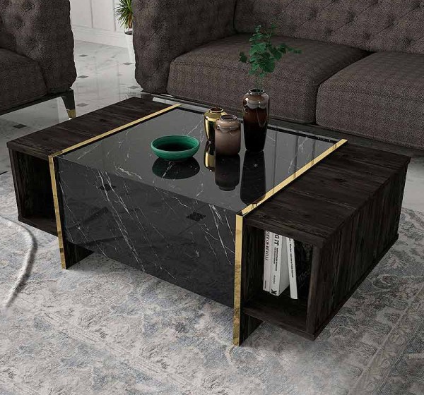 Τραπεζάκι σαλονιού Veyron Megapap χρώμα μαύρο rebab - μαύρο εφέ μαρμάρου 104x60x37,3εκ.