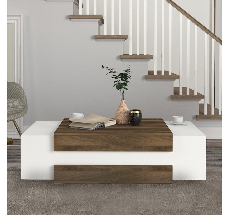 Τραπεζάκι σαλονιού Nora Megapap χρώμα λευκό - καρυδί 110x60,6x31εκ.