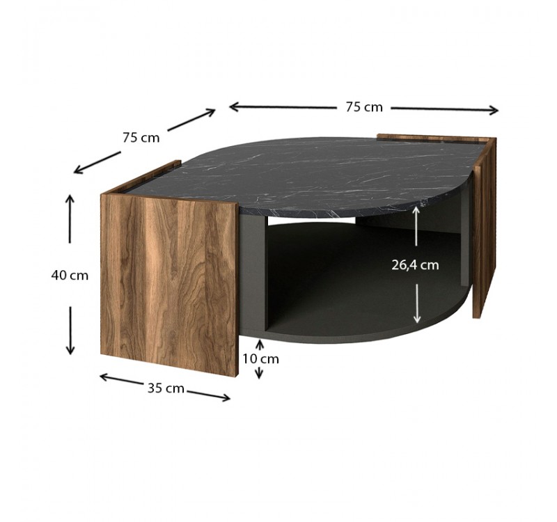 Τραπεζάκι σαλονιού Marbel Megapap χρώμα καρυδί - μαύρο εφέ μαρμάρου 75x75x40εκ.