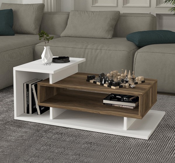 Τραπεζάκι σαλονιού Flynn Megapap χρώμα λευκό - καρυδί 90x50x35εκ.