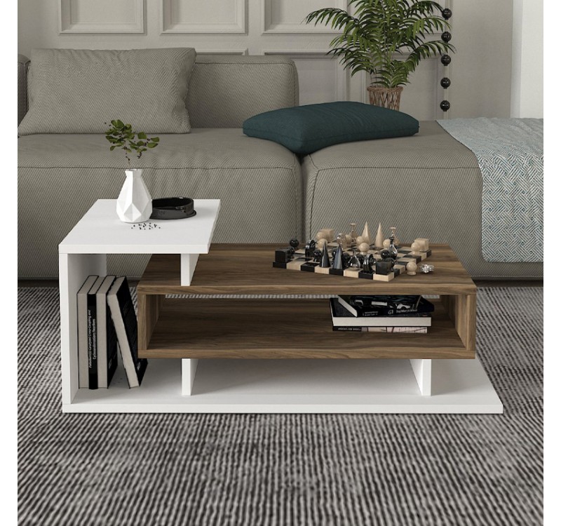 Τραπεζάκι σαλονιού Flynn Megapap χρώμα λευκό - καρυδί 90x50x35εκ.