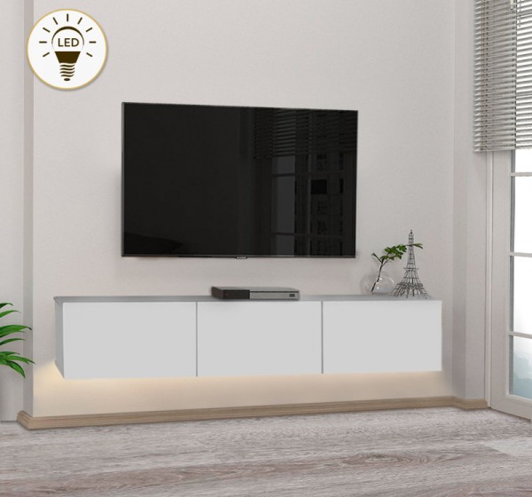 Έπιπλο τηλεόρασης επιτοίχιο Damla Megapap με LED χρώμα λευκό 180x29,5x29,5εκ.
