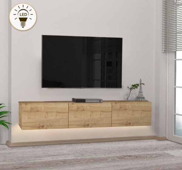 Έπιπλο τηλεόρασης επιτοίχιο Damla Megapap με LED χρώμα sapphire oak 180x29,5x29,5εκ.
