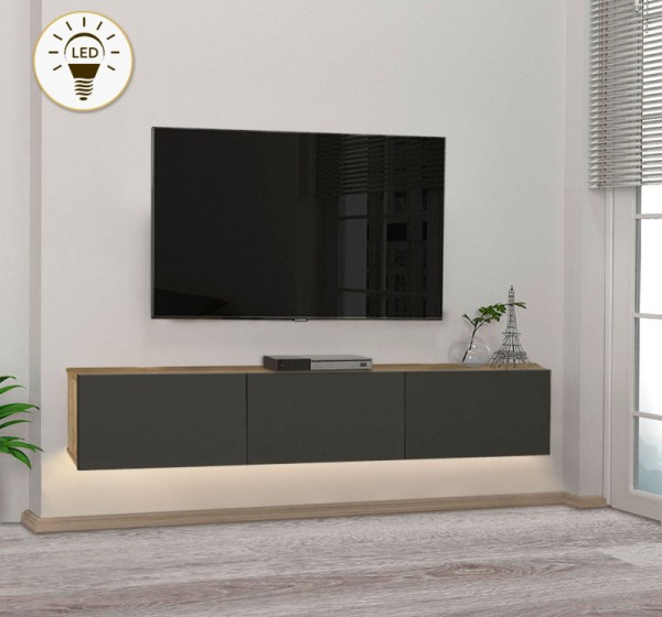 Έπιπλο τηλεόρασης επιτοίχιο Damla Megapap με LED χρώμα sapphire oak - ανθρακί 180x29,5x29,5εκ.