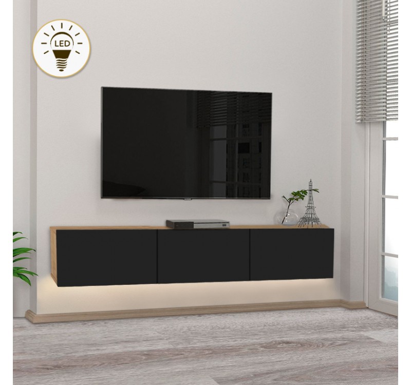 Έπιπλο τηλεόρασης επιτοίχιο Damla Megapap με LED χρώμα sapphire oak - μαύρο 180x29,5x29,5εκ.