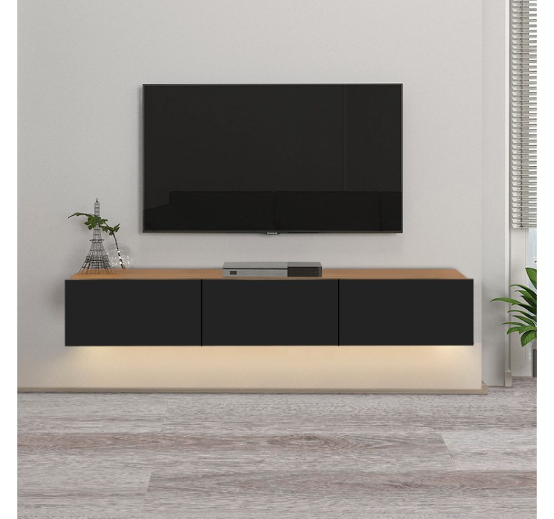 Έπιπλο τηλεόρασης επιτοίχιο Damla Megapap με LED χρώμα sapphire oak - μαύρο 180x29,5x29,5εκ.