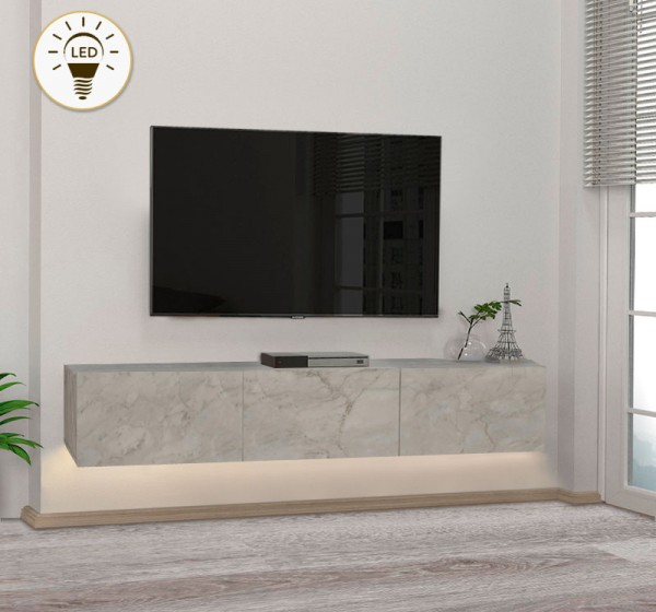 Έπιπλο τηλεόρασης επιτοίχιο Damla Megapap με LED χρώμα λευκό εφέ μαρμάρου 180x29,5x29,5εκ.