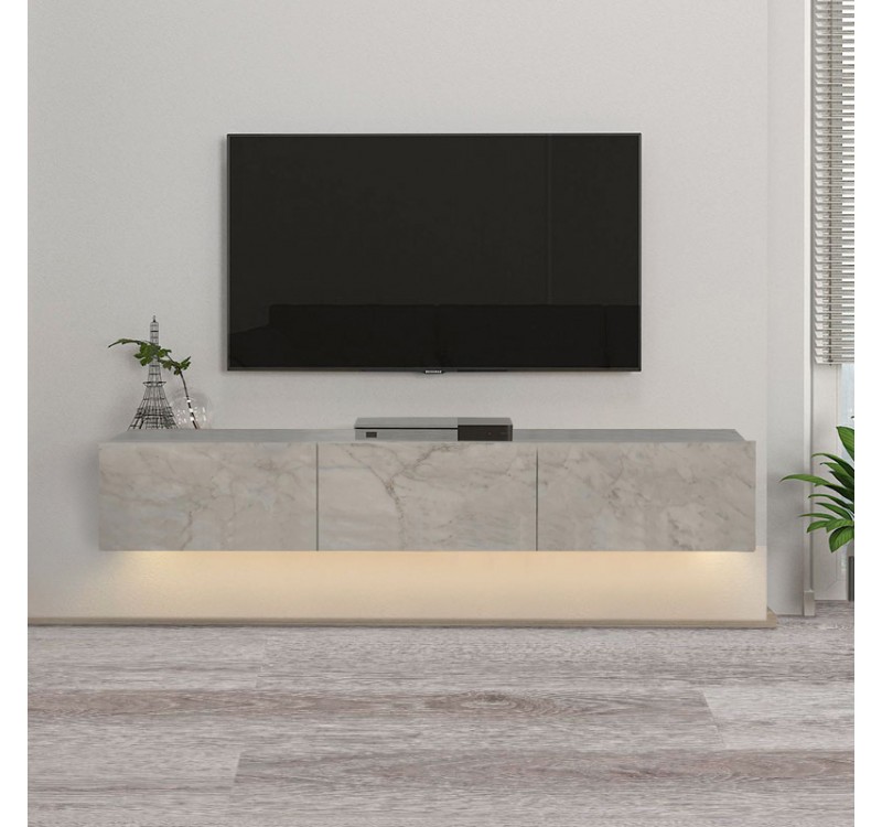Έπιπλο τηλεόρασης επιτοίχιο Damla Megapap με LED χρώμα λευκό εφέ μαρμάρου 180x29,5x29,5εκ.