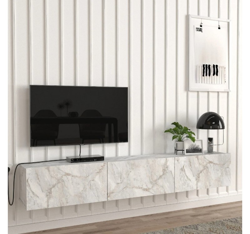 Έπιπλο τηλεόρασης επιτοίχιο Damla Megapap με LED χρώμα λευκό εφέ μαρμάρου 180x29,5x29,5εκ.