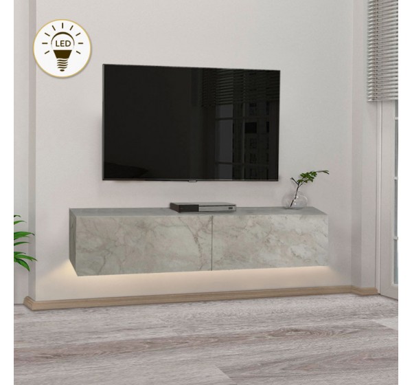 Έπιπλο τηλεόρασης επιτοίχιο Aristo Megapap με LED χρώμα λευκό εφέ μαρμάρου 135x31,6x25εκ.