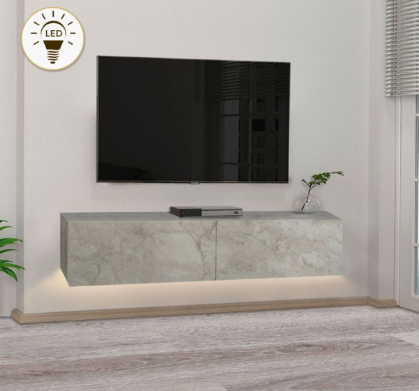 Έπιπλο τηλεόρασης επιτοίχιο Aristo Megapap με LED χρώμα λευκό εφέ μαρμάρου 135x31,6x25εκ.