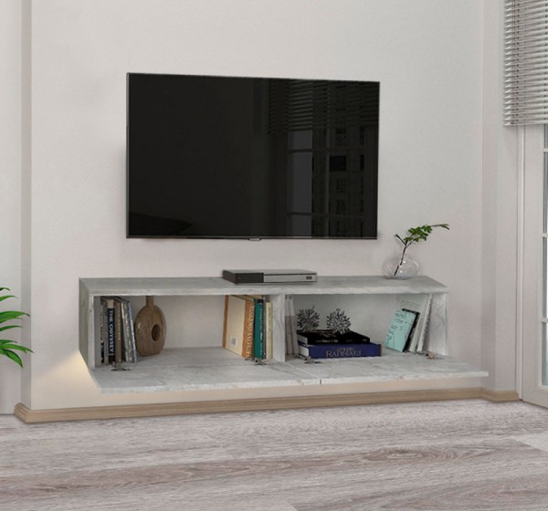 Έπιπλο τηλεόρασης επιτοίχιο Aristo Megapap με LED χρώμα λευκό εφέ μαρμάρου 135x31,6x25εκ.