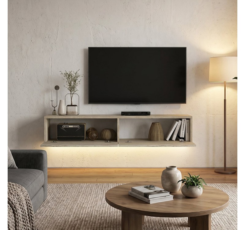Έπιπλο τηλεόρασης επιτοίχιο Aristo Megapap με LED χρώμα travertine 135x31,6x25εκ.
