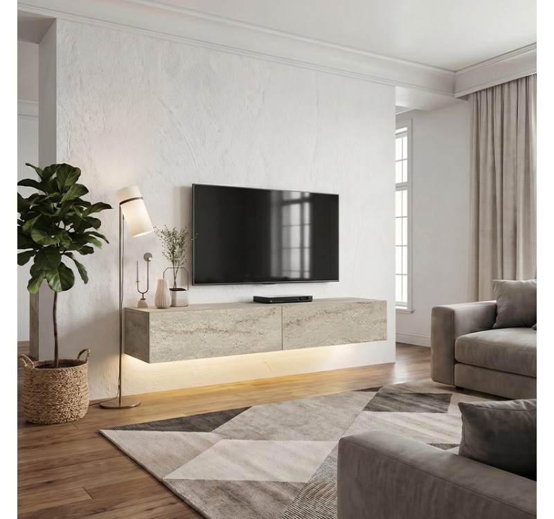 Έπιπλο τηλεόρασης επιτοίχιο Aristo Megapap με LED χρώμα travertine 135x31,6x25εκ.