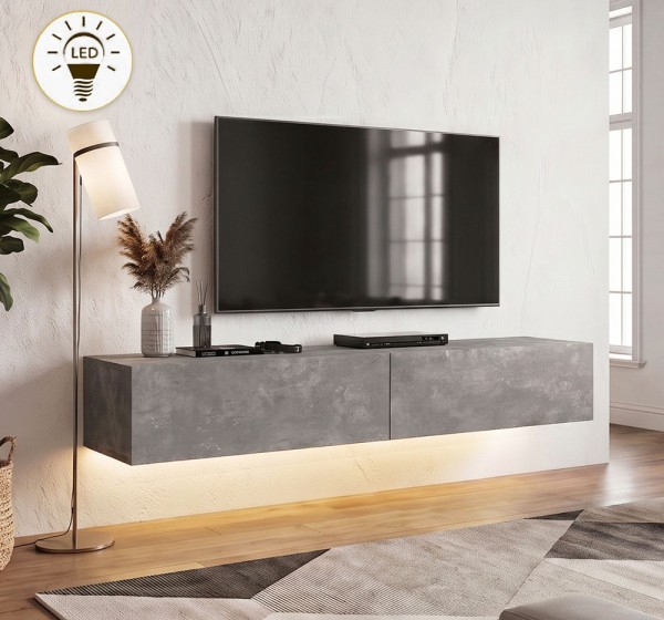 Έπιπλο τηλεόρασης επιτοίχιο Aristo Megapap με LED χρώμα γκρι σκυροδέματος 135x31,6x25εκ.